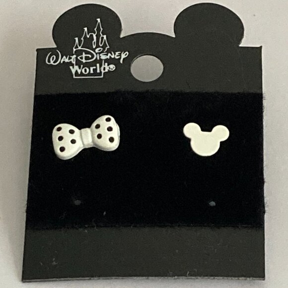 Vintage Disney Mickey Minnie Mouse Earrings Ears Bow Dots Icon White Disneyana - Picture 7 of 9